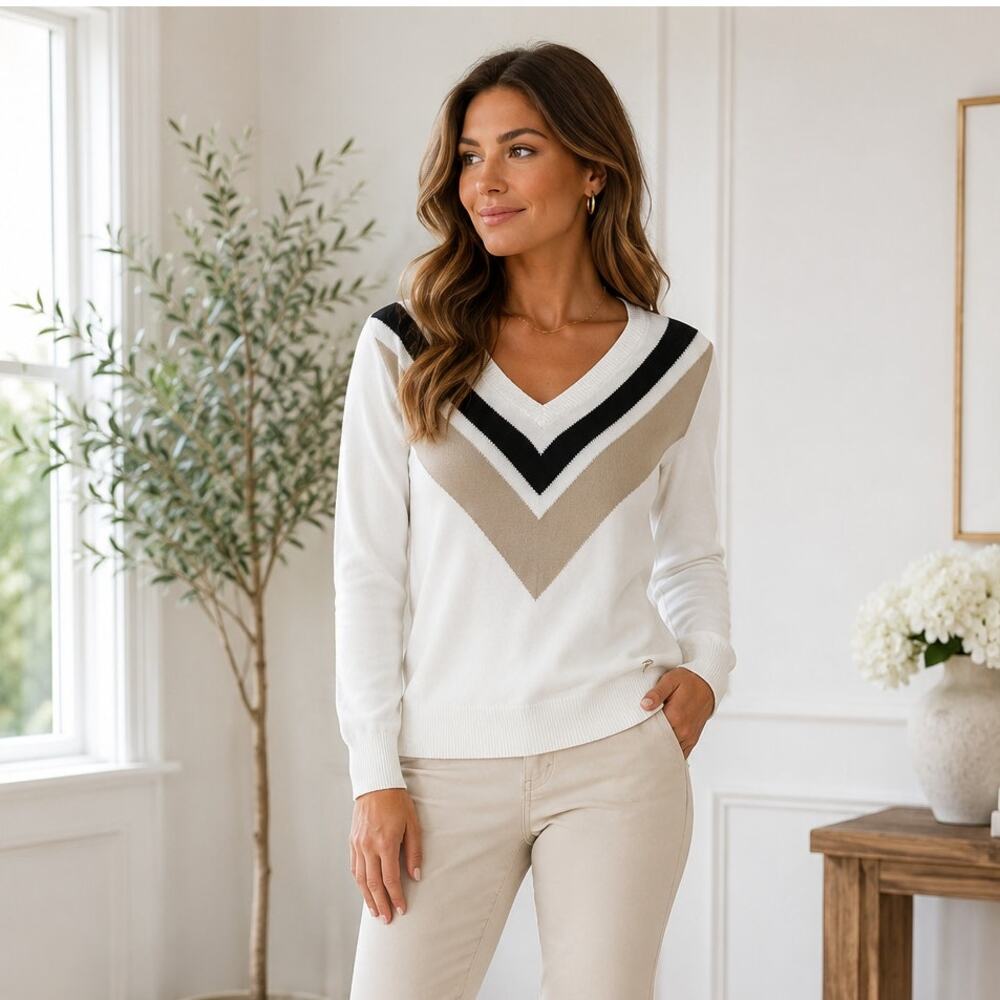 Chervò Golf Sweater Women’s Small White Black Taupe V-Neck